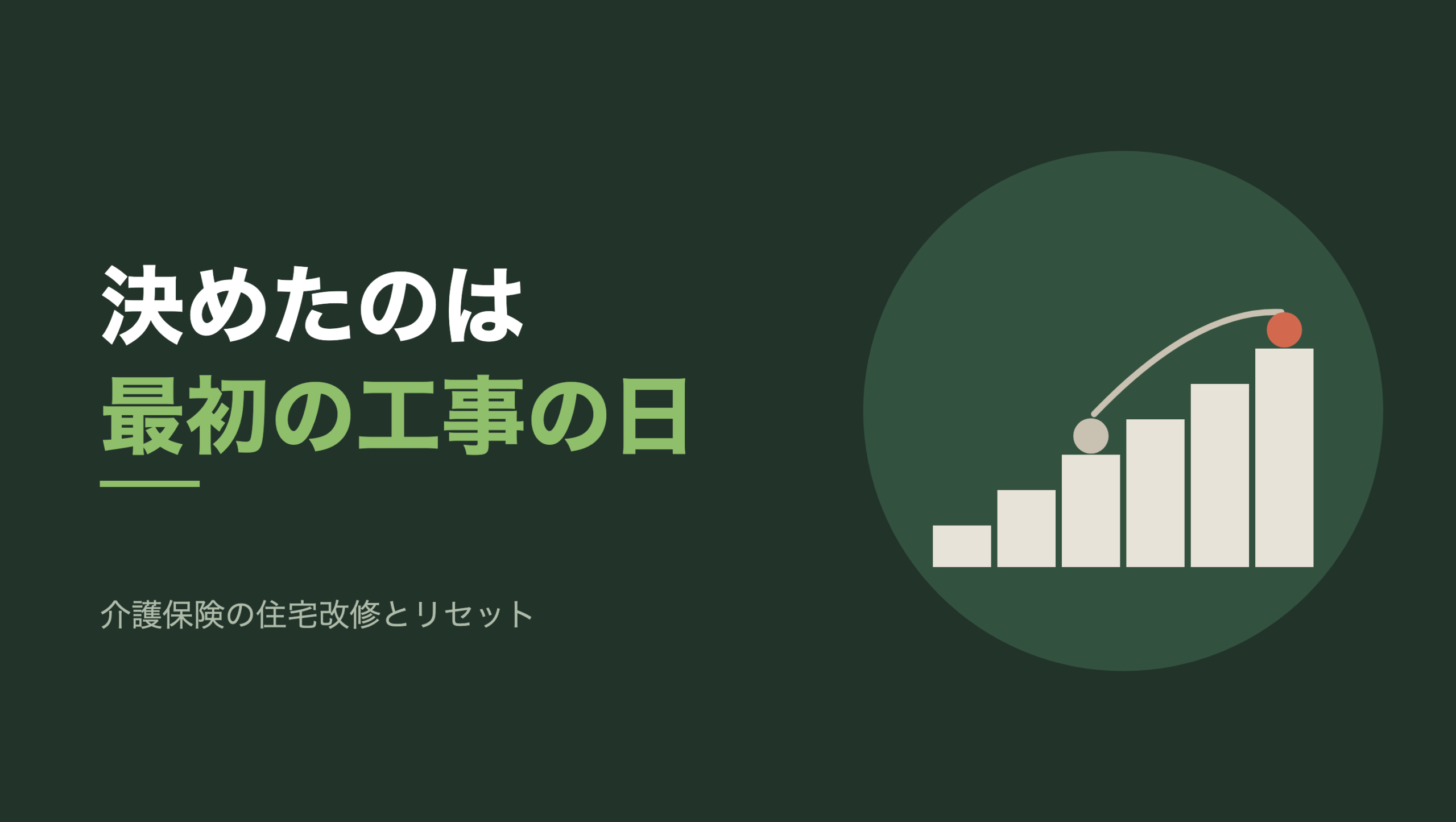 共通組版のアイキャッチ。左に「決めたのは 最初の工事の日」の文字と「介護保険の住宅改修とリセット」の小見出し、右の円の中に、低いものから高いものへ6本並んだ棒と、3本目の上にある灰色の点から6本目の上にある朱色の点へ弧を描いて渡るモチーフ