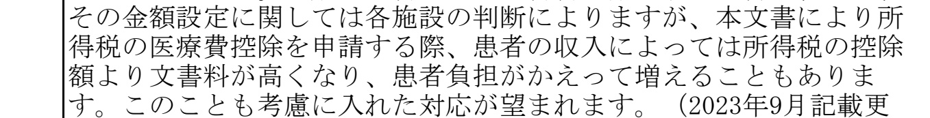 日本耳鼻咽喉科頭頸部外科学会Q&Aの質問22の回答全文。この書類は保険診療の診療報酬の対象にならず、一般診断書として文書料を請求するか否かとその金額設定は各施設の判断によるが、患者の収入によっては所得税の控除額より文書料が高くなり患者負担がかえって増えることもある、と書かれている。末尾に2023年9月記載更新の注記
