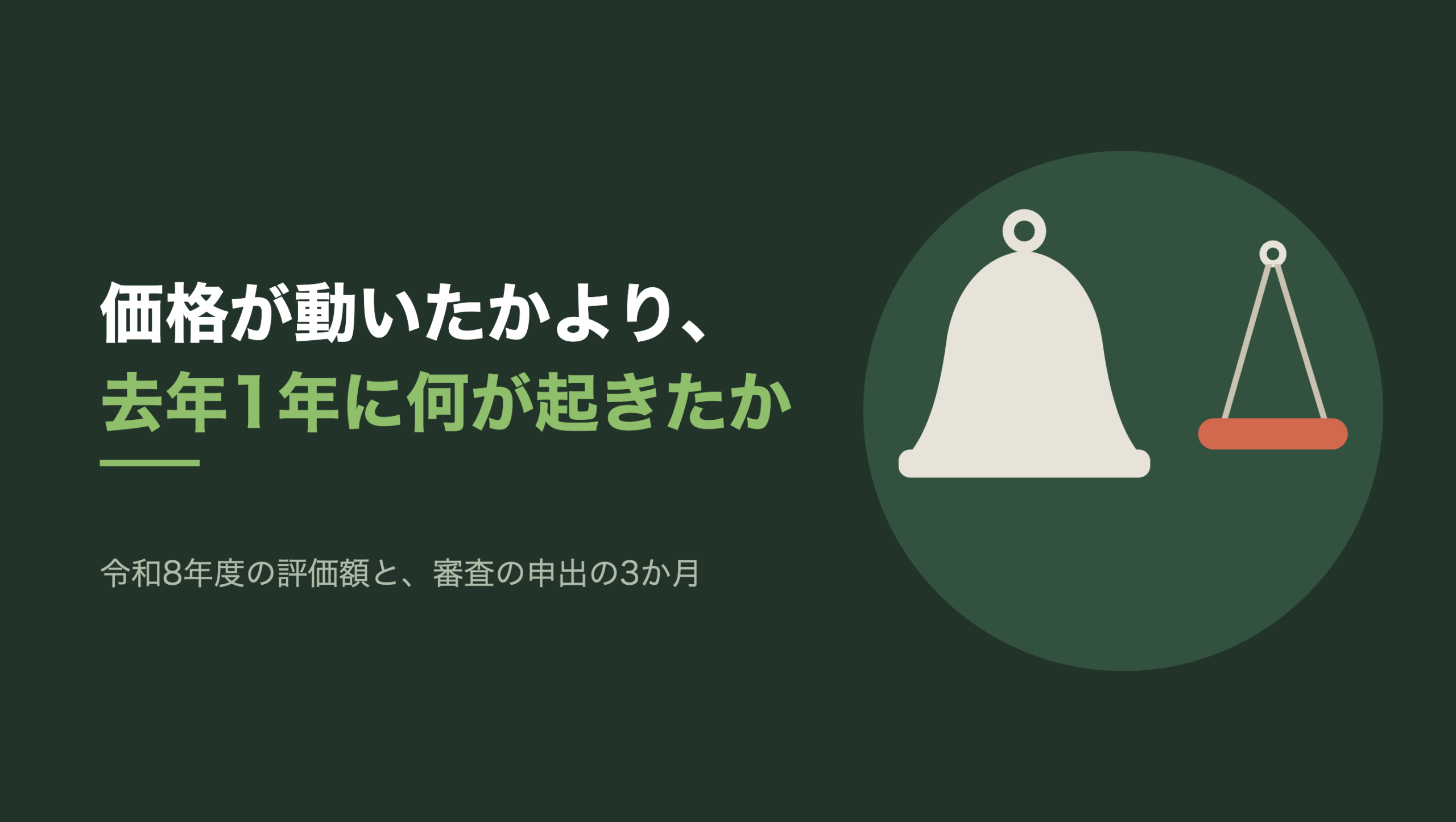 共通組版のアイキャッチ。左に「価格が動いたかより、去年1年に何が起きたか」の文字と、「令和8年度の評価額と、審査の申出の3か月」の小見出し。右の濃い緑の円の中に、文字のない図形。生成り色の吊り鐘が一つ、上の輪で吊られて立っている。その右に、同じ形の輪から2本の細い吊り紐がハの字に下り、朱色の横木が水平に下がっている。横木と鐘の胴のあいだにははっきりと隙間があり、触れていない