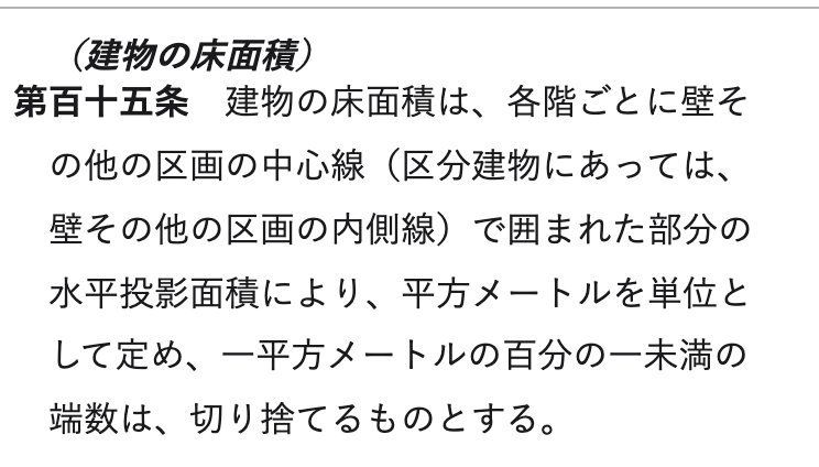 e-Gov法令検索に表示された不動産登記規則第百十五条の全文。見出しは「(建物の床面積)」で、本文は「建物の床面積は、各階ごとに壁その他の区画の中心線(区分建物にあっては、壁その他の区画の内側線)で囲まれた部分の水平投影面積により、平方メートルを単位として定め、一平方メートルの百分の一未満の端数は、切り捨てるものとする。」と書かれている