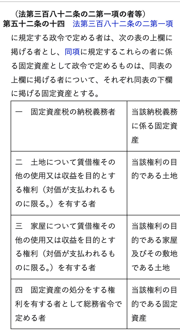 e-Gov法令検索に表示された地方税法施行令第五十二条の十四。見出しは「(法第三百八十二条の二第一項の者等)」で、柱書は「法第三百八十二条の二第一項に規定する政令で定める者は、次の表の上欄に掲げる者とし、同項に規定するこれらの者に係る固定資産として政令で定めるものは、同表の上欄に掲げる者について、それぞれ同表の下欄に掲げる固定資産とする。」。続く表は四行で、上欄が「一 固定資産税の納税義務者」「二 土地について賃借権その他の使用又は収益を目的とする権利(対価が支払われるものに限る。)を有する者」「三 家屋について賃借権その他の使用又は収益を目的とする権利(対価が支払われるものに限る。)を有する者」「四 固定資産の処分をする権利を有する者として総務省令で定める者」、下欄がそれぞれ「当該納税義務に係る固定資産」「当該権利の目的である土地」「当該権利の目的である家屋及びその敷地である土地」「当該権利の目的である固定資産」となっている