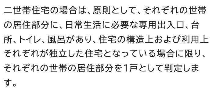 名古屋市のウェブサイト「新築住宅に対する固定資産税の減額」の一部。「二世帯住宅の場合は、原則として、それぞれの世帯の居住部分に、日常生活に必要な専用出入口、台所、トイレ、風呂があり、住宅の構造上および利用上それぞれが独立した住宅となっている場合に限り、それぞれの世帯の居住部分を1戸として判定します。」と書かれている