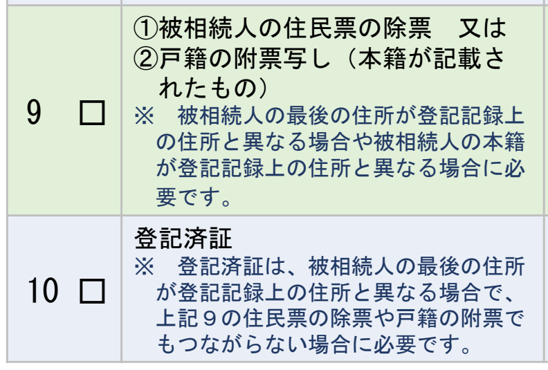 東京ブロック管内の法務局の相続登記ガイドブックにある必要書類チェックリストの2行。9番は「①被相続人の住民票の除票 又は ②戸籍の附票写し(本籍が記載されたもの)」で、※「被相続人の最後の住所が登記記録上の住所と異なる場合や被相続人の本籍が登記記録上の住所と異なる場合に必要です。」。その下の10番は「登記済証」で、※「登記済証は、被相続人の最後の住所が登記記録上の住所と異なる場合で、上記9の住民票の除票や戸籍の附票でもつながらない場合に必要です。」