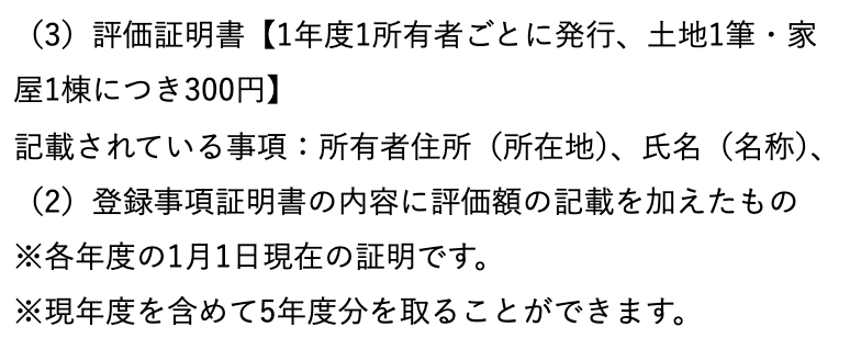 鹿児島市のよくある質問のページの一部。「(3)評価証明書【1年度1所有者ごとに発行、土地1筆・家屋1棟につき300円】」「記載されている事項:所有者住所(所在地)、氏名(名称)、(2)登録事項証明書の内容に評価額の記載を加えたもの」「※各年度の1月1日現在の証明です。」「※現年度を含めて5年度分を取ることができます。」
