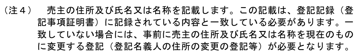 法務局『所有権移転登記(売買)記載例』の(注4)。「売主の住所及び氏名又は名称を記載します。この記載は、登記記録(登記事項証明書)に記録されている内容と一致している必要があります。一致していない場合には、事前に売主の住所及び氏名又は名称を現在のものに変更する登記(登記名義人の住所の変更の登記等)が必要となります。」