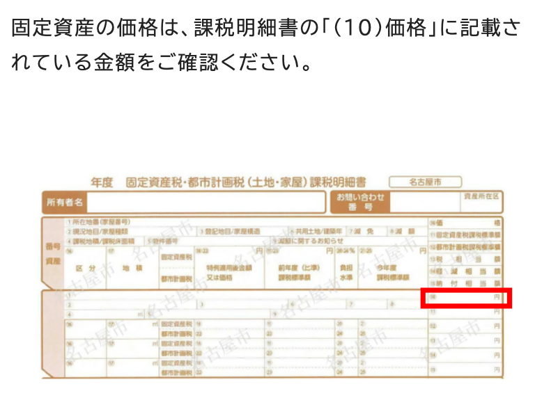 名古屋市のページの一文「固定資産の価格は、課税明細書の「(10)価格」に記載されている金額をご確認ください。」と、その下の名古屋市の課税明細書の見本。見本の右端の列の上から1つ目の欄が赤い四角で囲まれている